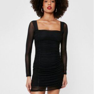Black Sheer Sleeve Ruched Mesh Mini Dress